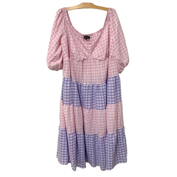 Eloquii | Midi Dress Pink Gingham Check Off the Shoulder Tiered NWT- Size 22 - Picture 1 of 11